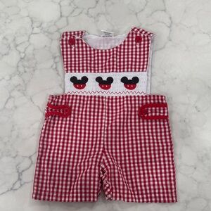 Red Gingham Baby Romper with Mickey Mouse Design
